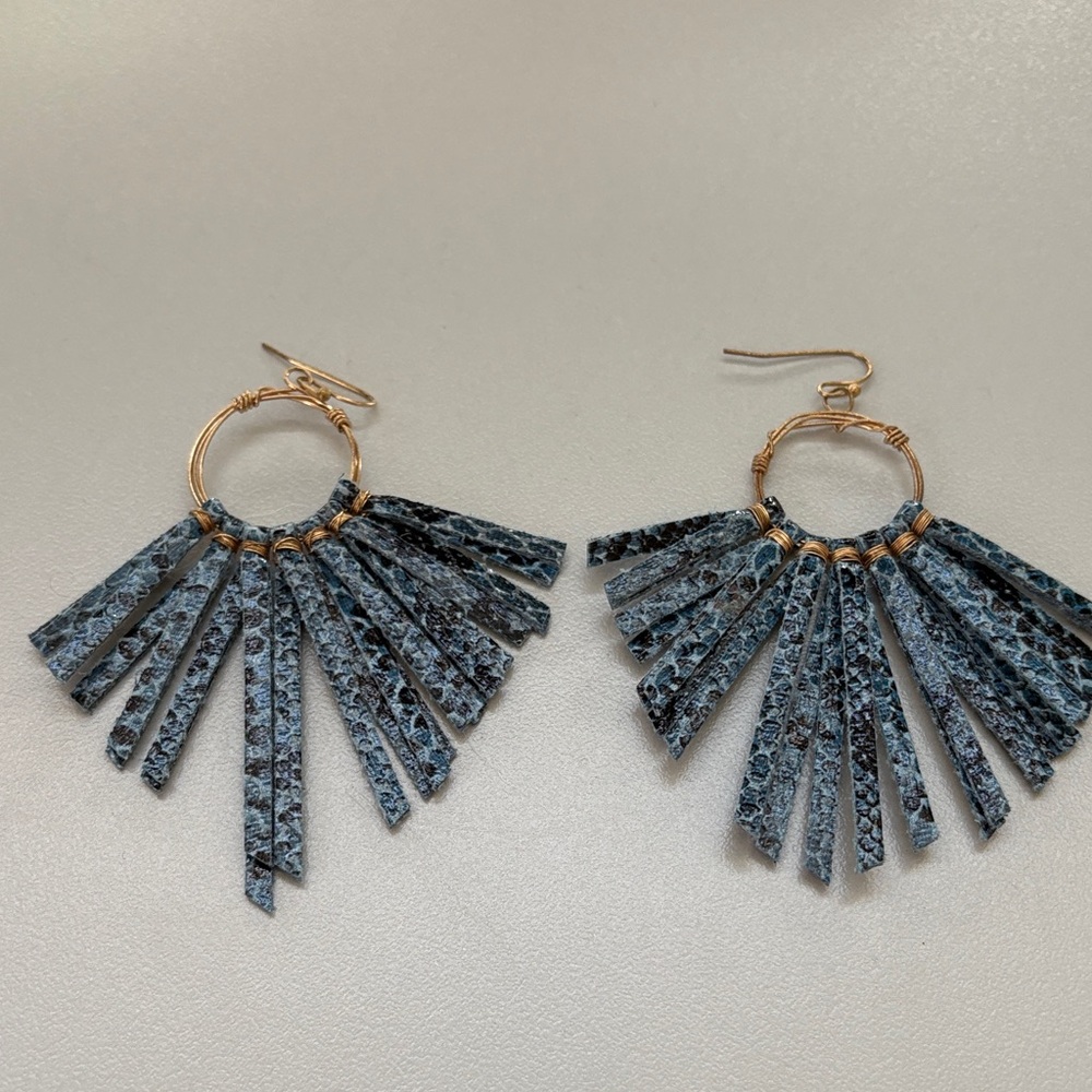 Elegant Blue and Gold Snake Skin Fan Earrings
